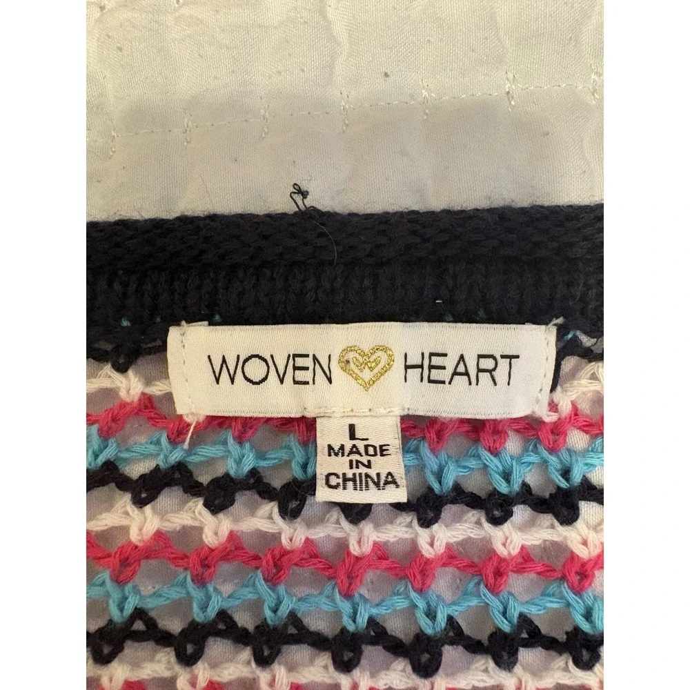 Woven Heart Vibrant Multicolor Striped Crochet Knit Sweater, Relaxed Fit, Large